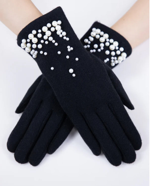 GL12346 WOOL FELTED GLOVE WITH PEARLS BLACK