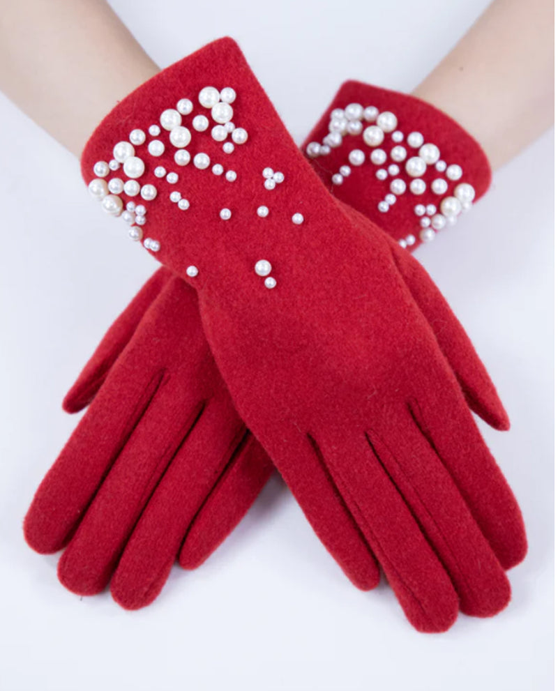 GL12346 WOOL FELTED GLOVE WITH PEARLS RED