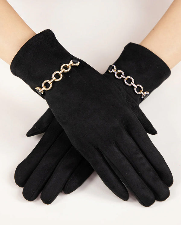 GL12350 RHINESTONE CHAIN FAUX SUEDE TECH GLOVE BLACK