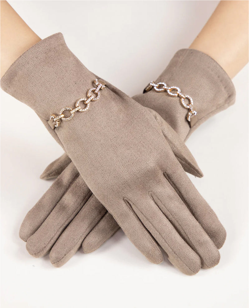 GL12350 RHINESTONE CHAIN FAUX SUEDE TECH GLOVE CAMEL