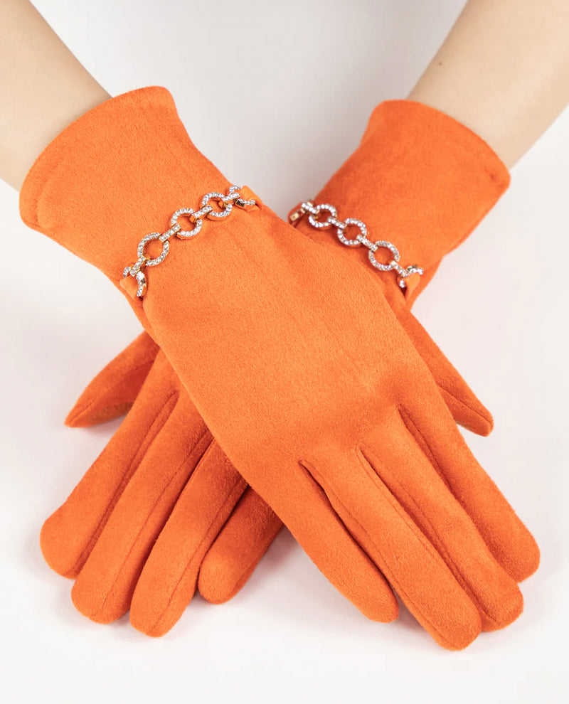 GL12350 RHINESTONE CHAIN FAUX SUEDE TECH GLOVE ORANGE