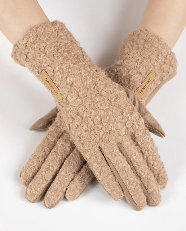 GL12354 BOUCLE & FAUX SUEDE TECH GLOVE CAMEL