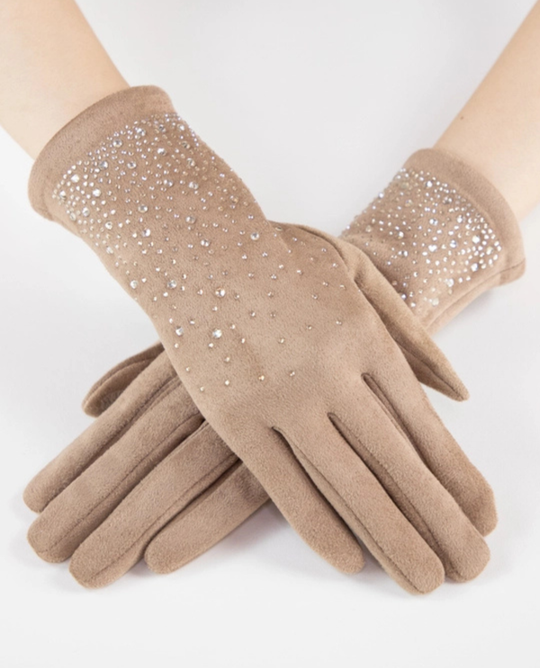 GL12371 LUXE RHINESTONE FAUX SUEDE GLOVE CAMEL
