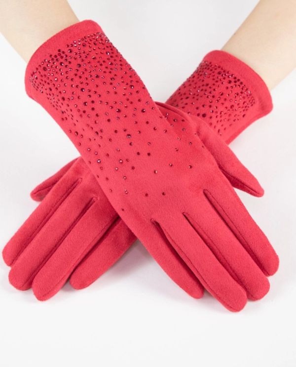 GL12371 LUXE RHINESTONE FAUX SUEDE GLOVE RED