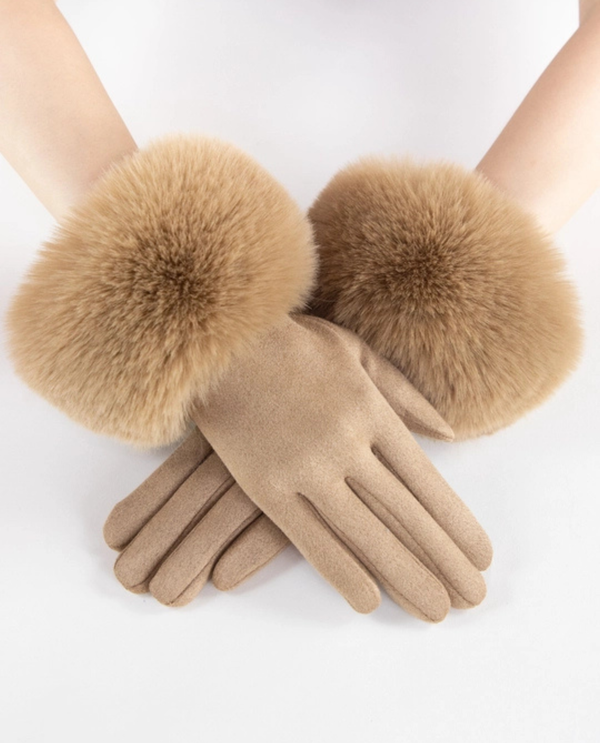 GL12377 LUXE FAUX SUEDE FUR CUFF GLOVE CAMEL