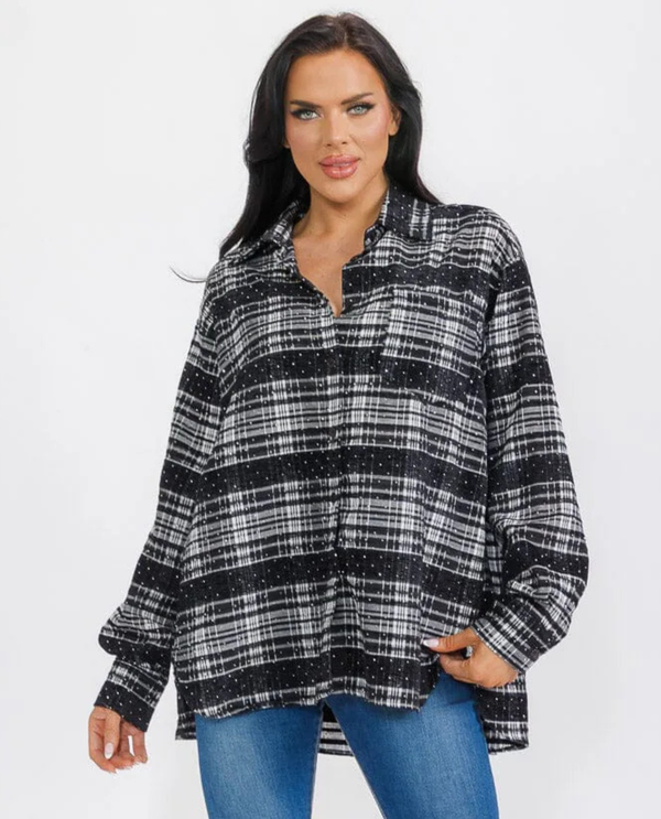 GTC9044 L/S BUTTON UP HI-LO PLAID STUDS SHIRT BLACK