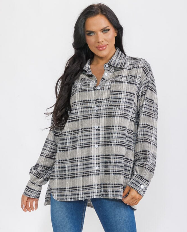 GTC9044 L/S BUTTON UP HI-LO PLAID STUDS SHIRT GREY