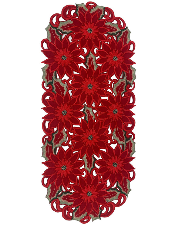 H9251/RF RED POINSETTIA/GREEN LEAVES TABLE RUNNER 16 X 36