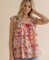 HAPTICS HT7701C FLORAL PRINT RUFFLE TIERED SHORT SLEEVE BLOUSE PEACH