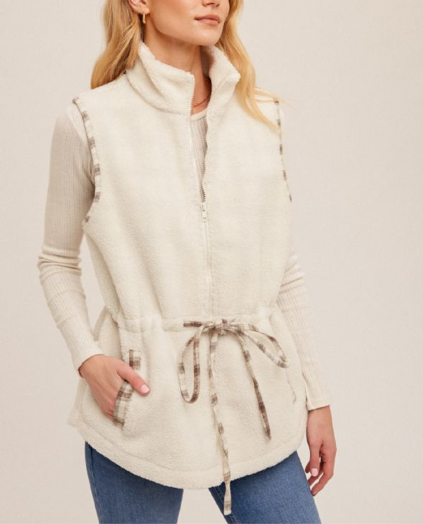 HEM & THREAD ANN-37406 SHERPA ZIP VEST CREAM