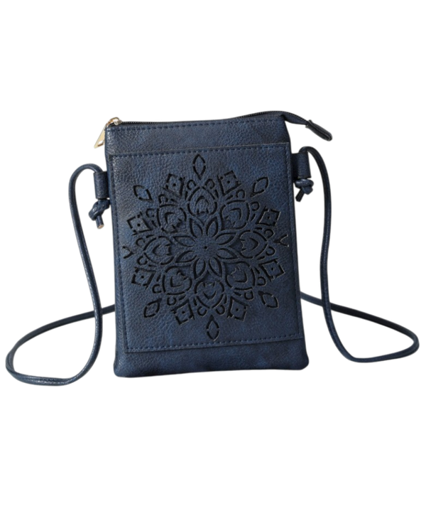 HG449 FLORAL LASER CUT CROSSBODY CELLPHONE BAG NAVY