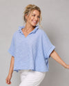 HT7400A NOTCH NECK PIN STRIPE DOLMAN SHORT SLEEVE BLOUSE BABY BLUE