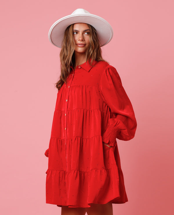 PEACH LOVE ID21060 BUTTON DOWN SHIRT DRESS WITH STONES RED