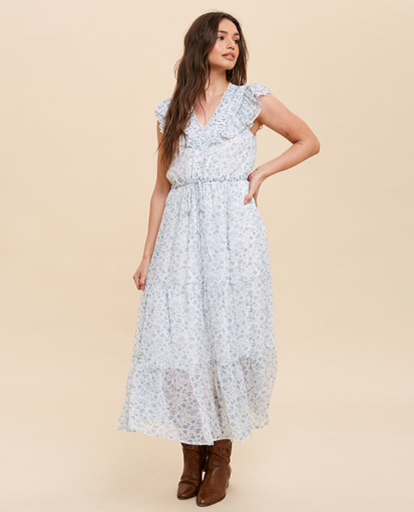 IN-LOOM ILD4934 FLORAL BUTTON FRONT MIDI DRESS FRENCH BLUE