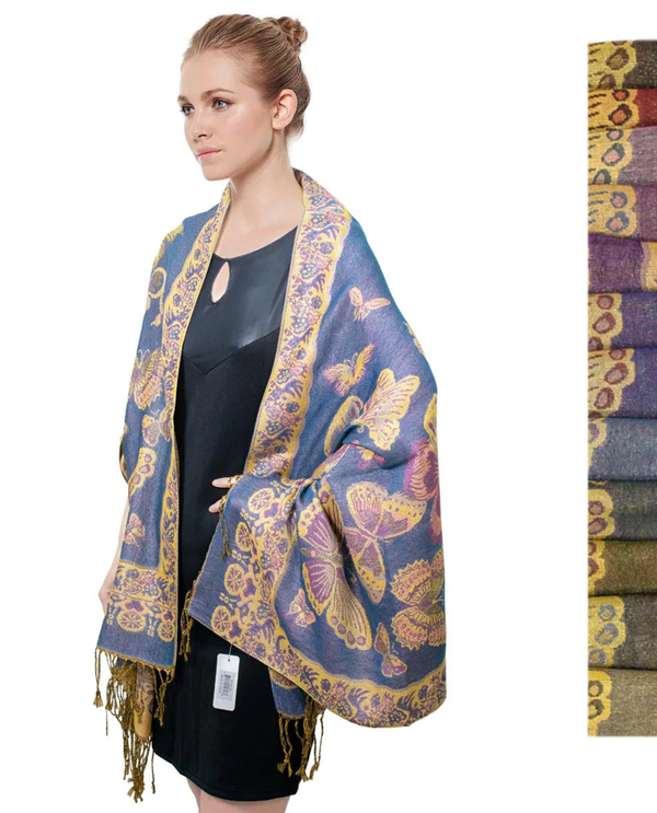 JB403 BUTTERFLY ASSORTED  METALLIC PASHMINA