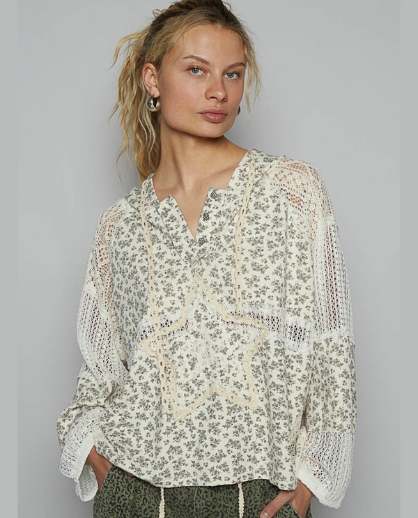 POL UKT565 FLORAL LACE BUTTON HOODIE CREAM FLORAL
