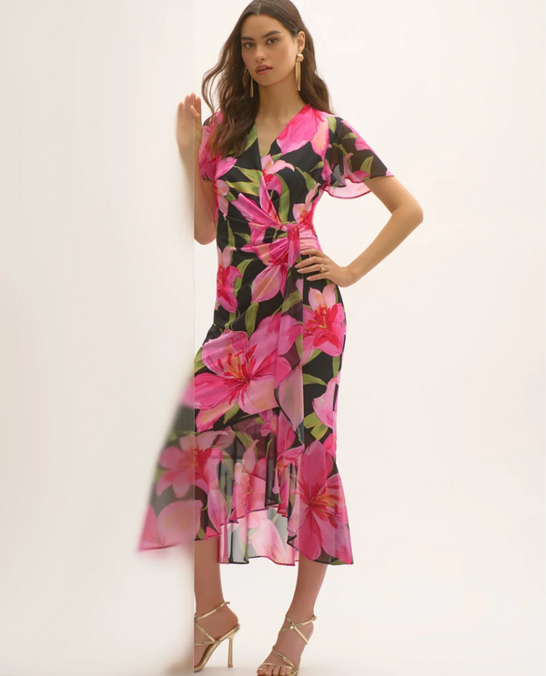 JOSEPH RIBKOFF 252714 CHIFFON FLORAL WRAP DRESS BLACK/MULTI
