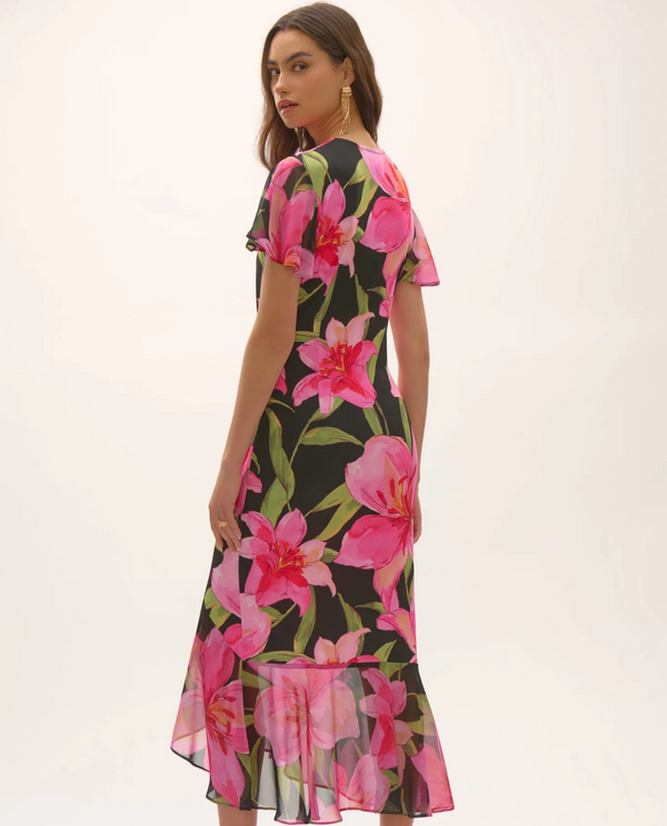 JOSEPH RIBKOFF 252714 CHIFFON FLORAL WRAP DRESS BLACK/MULTI
