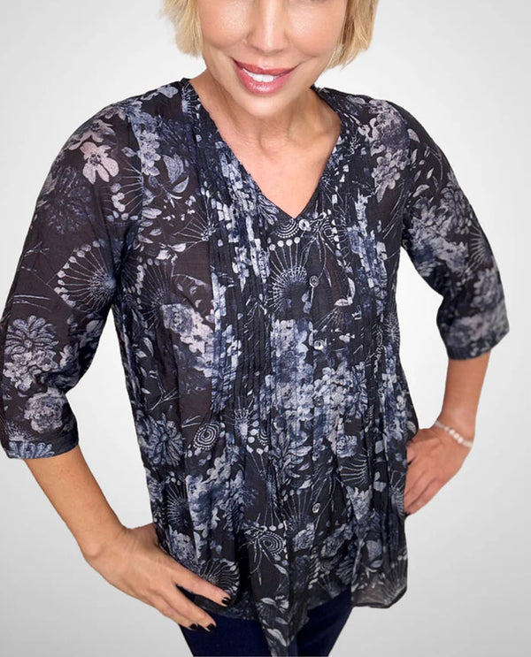 ETHYL JY6933 PLEATED CELINE BLOUSE BLUE/BLACK