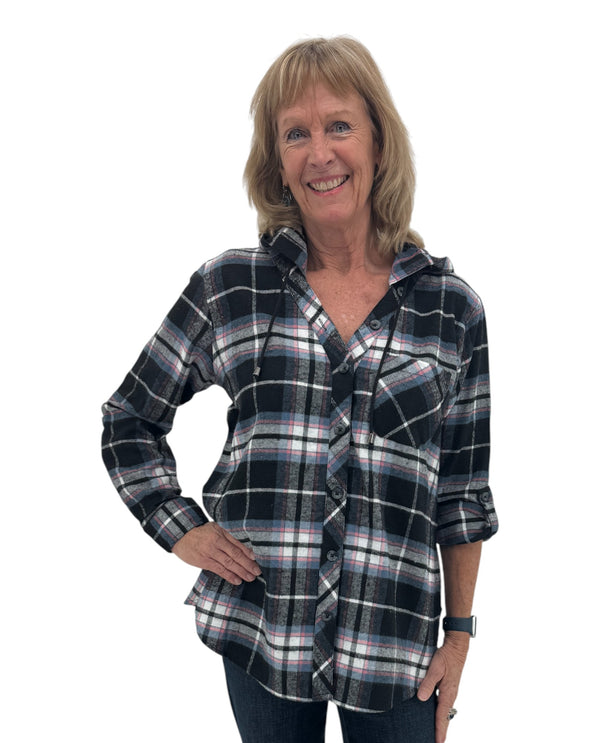 KEREN HART TH-79020 BUTTON DOWN PLAID HOODIE