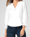 LIVERPOOL LM8L90K99 3/4 SLEEVE KNIT-TO-WOVEN TOP WITH SMOCKING white