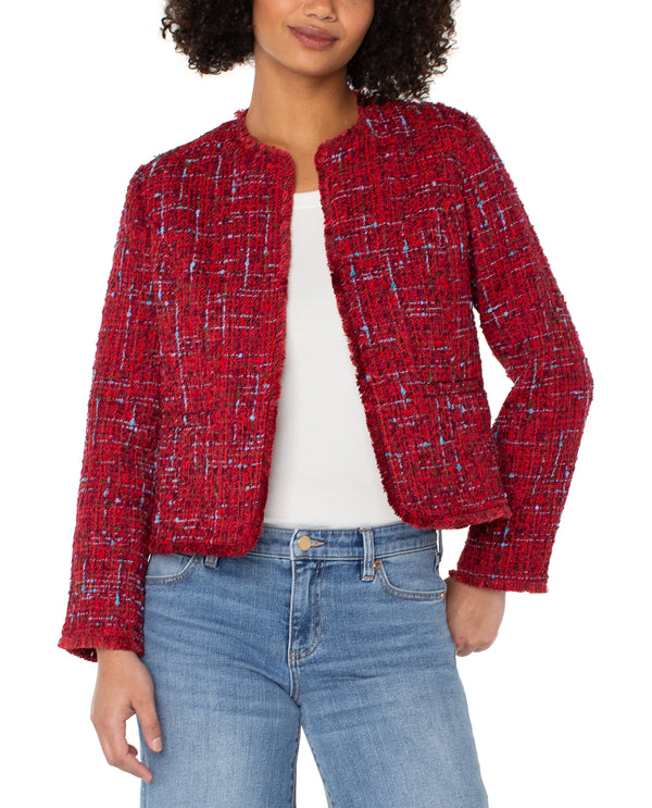 LIVERPOOL LM1C30BC7 COLLARLESS JACKET WITH FRAYED EDGES RED MLT BOUCLE