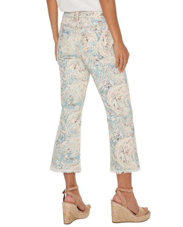 LIVERPOOL LM7259QE3P12 HANNAH CROPPED FLARE WITH FRAY HEM OCEAN BLUE/ECRU MARBLE