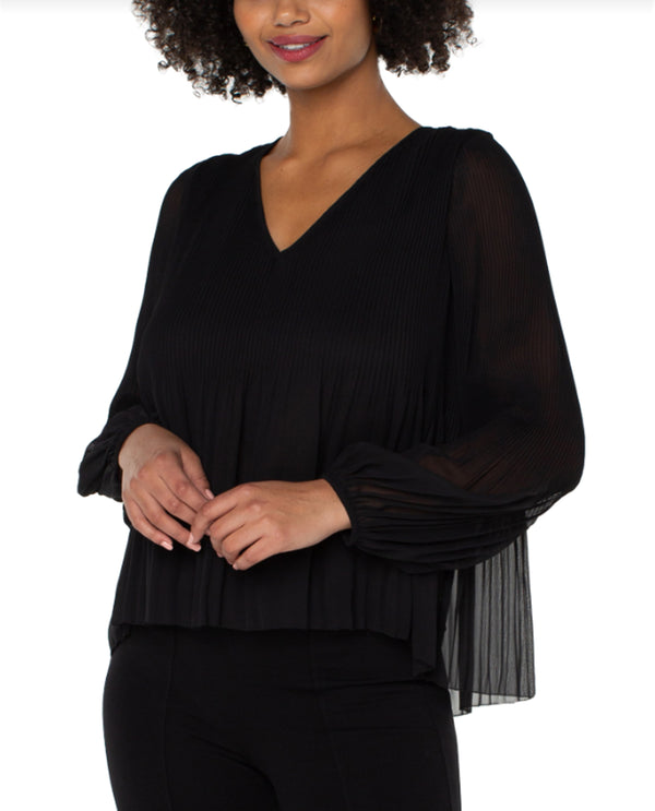 LIVERPOOL LM8B16HD4 V-NECK LONG SLEEVE PLEATED TOP BLACK