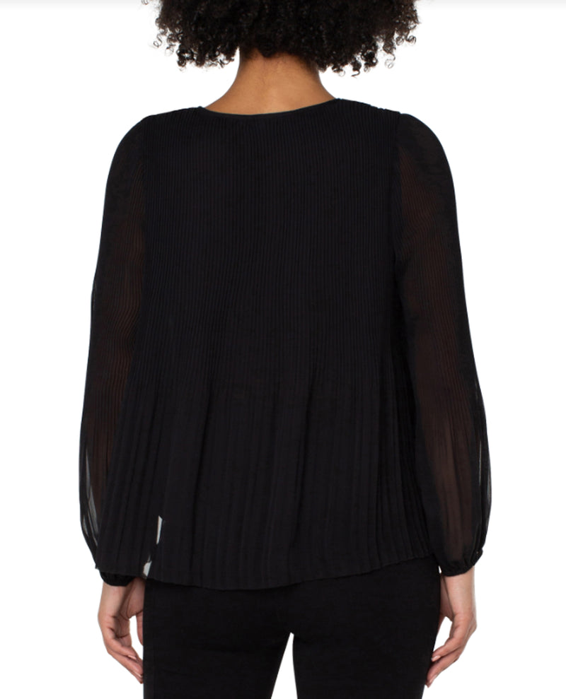 LIVERPOOL LM8B16HD4 V-NECK LONG SLEEVE PLEATED TOP BLACK