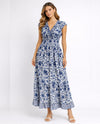 LOLA P E1T39-A987 RUFFLE V-NECK FLORAL DRESS white