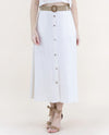LW04255 LINEN BUTTON FRONT BELTED MIDI SKIRT BEIGE