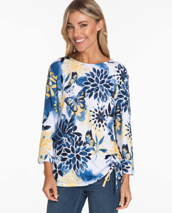 MULTIPLES M14103TW-952 WOMENS 3/4 SLEEVE SIDE DRAWSTRING PRINT TOP FLORAL MULTI