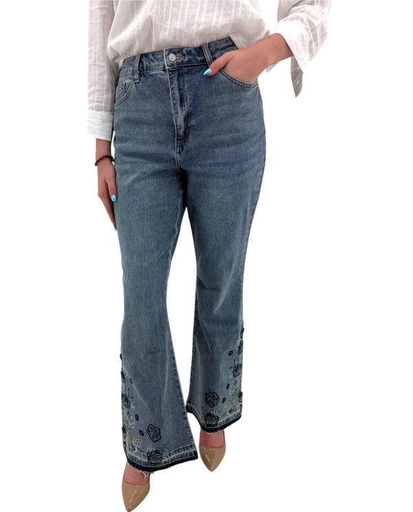 LW04119 FLORAL CROSSHATCH HIGH RISE FLARE JEAN