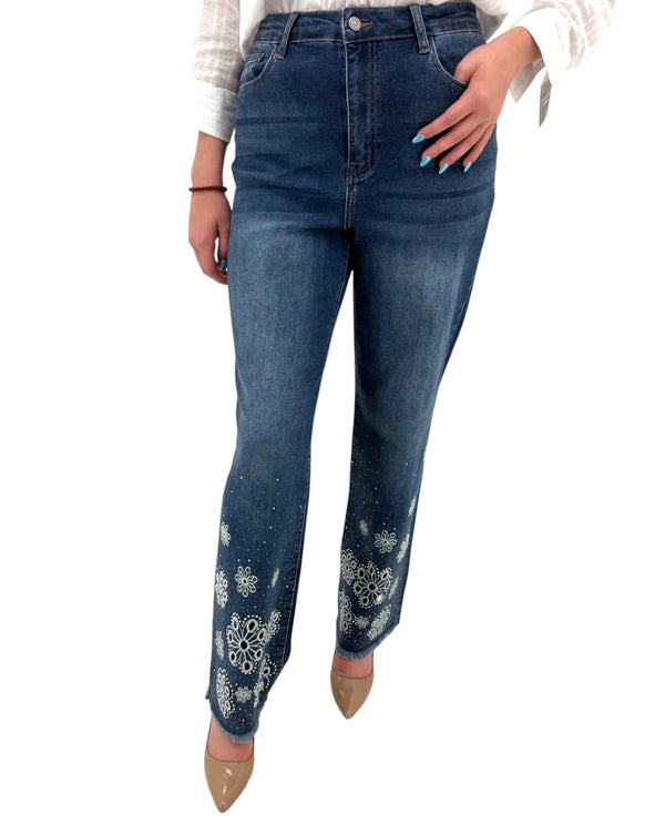 LW04114R EYELET EMBROIDERED HIGH RISE WIDE LEG JEANS