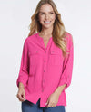 MULTIPLES M34108BW WOMENS TAB 3/4 SLEEVE BAND COLLAR SHIRT DEEP FUSCHIA