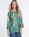 MULTIPLES M34406TM PLEATED FLOUNCE 3/4 SLEEVE SLUB TOP SAFARI LEAF PRINT