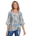 MULTIPLES M35109TM PRINT ELBOW SLEEVE V-NECK TOP SEAFOAM MULTI