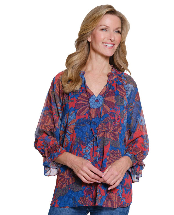 MULTIPLES M35508TW WOMEN'S DOUBLE FLOUNCE 3/4 SLEEVE FRONT TIE SHIRT MULTI