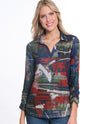 MULTIPLES M44113TW WOMEN'S 3/4 SLEEVE JOHNNY COLLAR PRINT TOP 955 ABSMLT