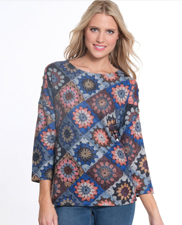 MULTIPLES M44210TW WOMEN'S DOLMAN 3/4 SLEEVE PRINT HATCHI TOP 969 MULTI