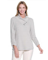 MULTIPLES M45107TP 3/4 SLEEVE SHIRRED STRIPE PLUSH RIB KNIT TOP GREY