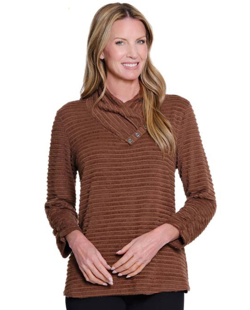 MULTIPLES M45107TM 3/4 SLEEVE SHIRRED STRIPE PLUSH RIB KNIT TOP RICH CHOCOLATE