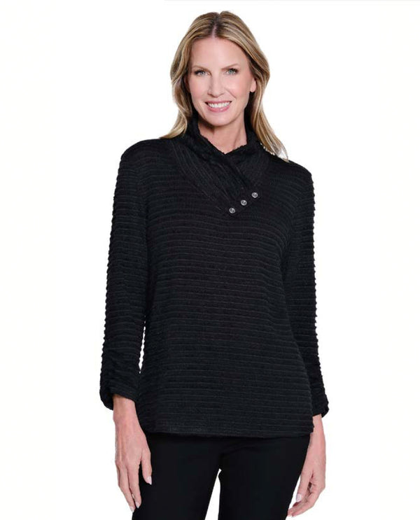 MULTIPLES M45107TM 3/4 SLEEVE SHIRRED STRIPE PLUSH RIB KNIT TOP BLACK