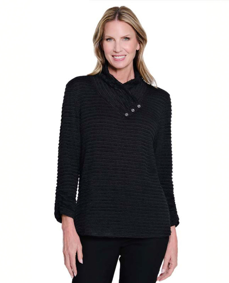 MULTIPLES M45107TM 3/4 SLEEVE SHIRRED STRIPE PLUSH RIB KNIT TOP BLACK