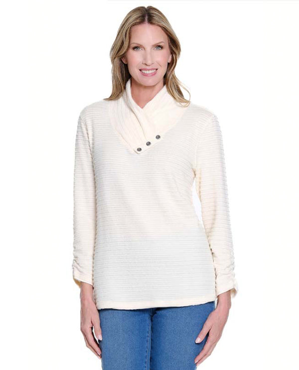 MULTIPLES M45107TP 3/4 SLEEVE SHIRRED STRIPE PLUSH RIB KNIT TOP WINTER WHITE