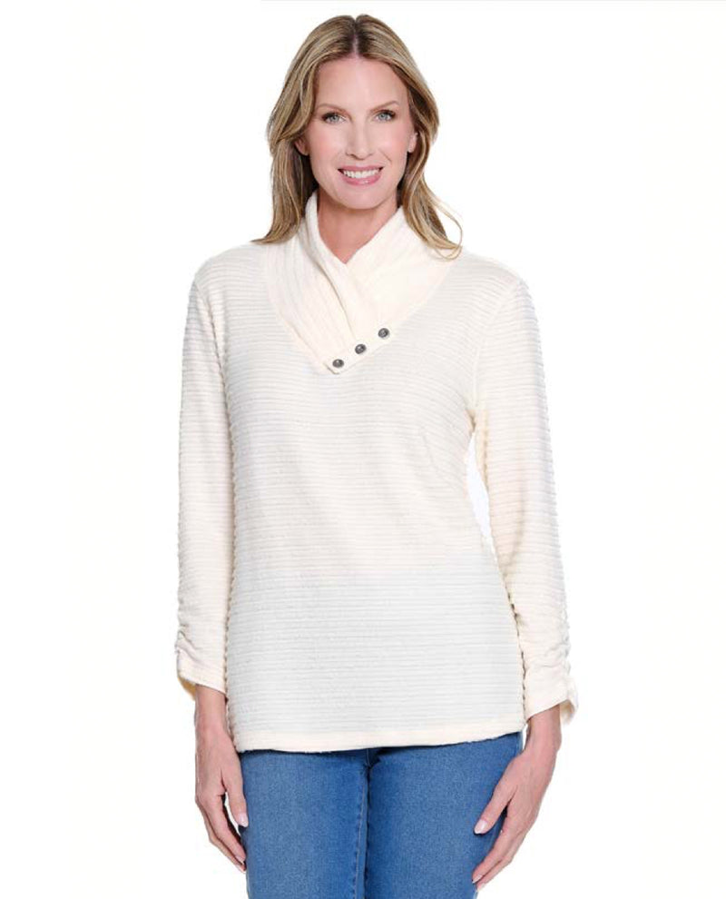 MULTIPLES M45107TP 3/4 SLEEVE SHIRRED STRIPE PLUSH RIB KNIT TOP WINTER WHITE