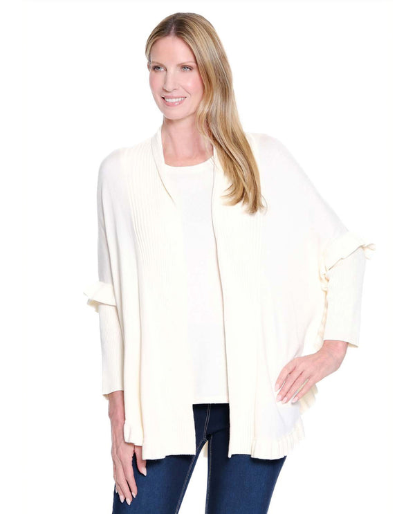 MULTIPLES M45112KM 3/4 SLEEVE RUFFLE HEM CARDIGAN SWEATER WINTER WHITE