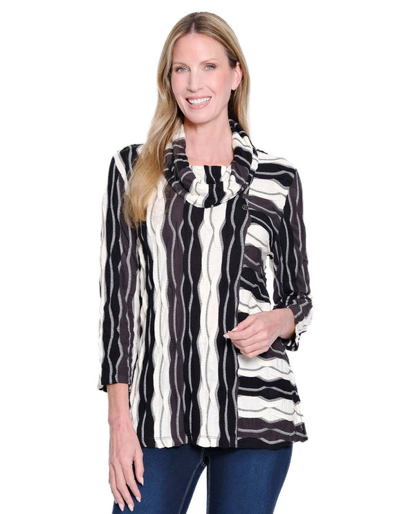 MULTIPLES M45204TW 3 BUTTON COWL COLLAR TOP BLK/WHT