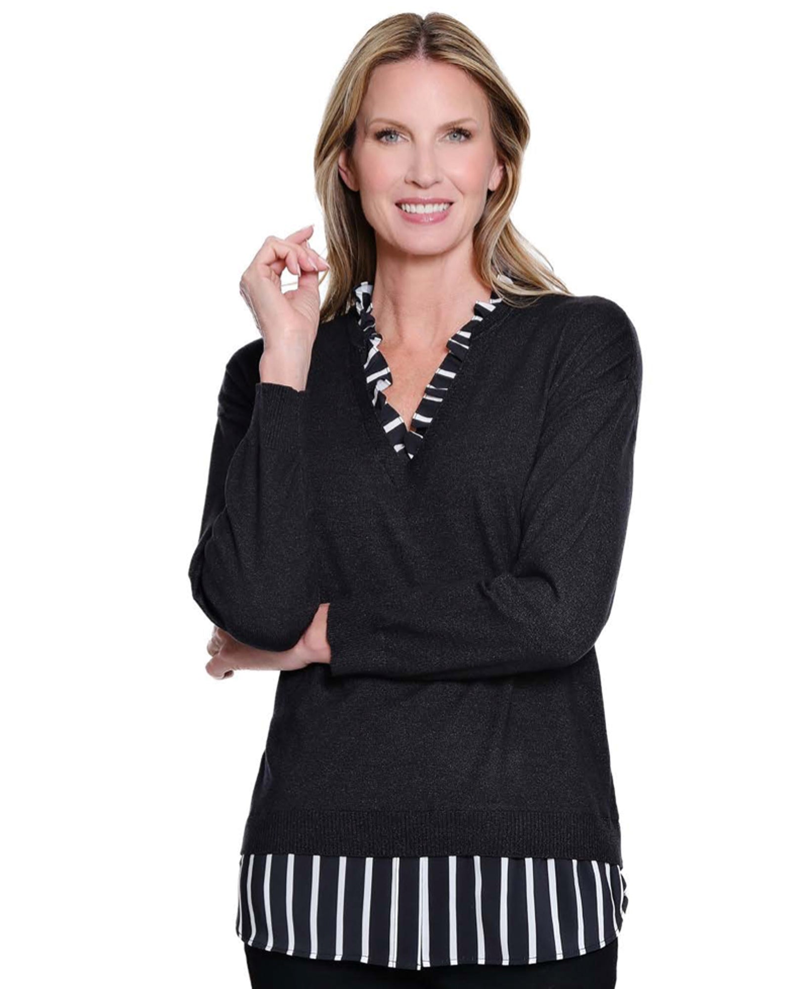 MULTIPLES M45210KP RUFFLE V-NECK 2FER SWEATER TOP – The Clothing Cove