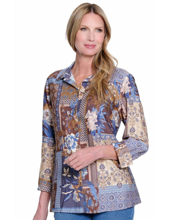 MULTIPLES M45301BM CUFF 3/4 SLEEVE BUTTON FRONT ZIP BACK SHIRT 969-MULTI